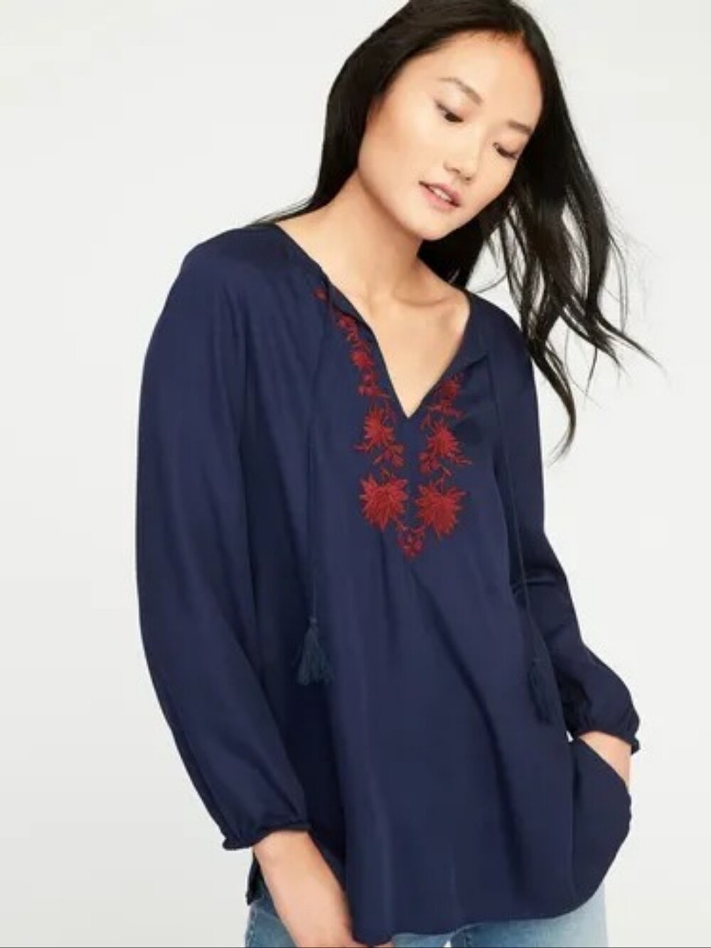 Old Navy Blue Red Embroidered Boho Peasant Tassle Top Rayon Medium